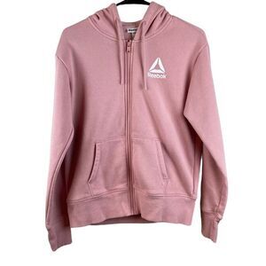 REEBOK Womens Fleece Hoodie Pink FULL Zip Size XS Drawstring Hood Pockets